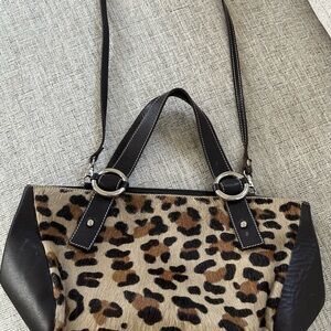 Puntotres Leopard Pony Hair Convertible Crossbody Purse with Brown Leather Trim